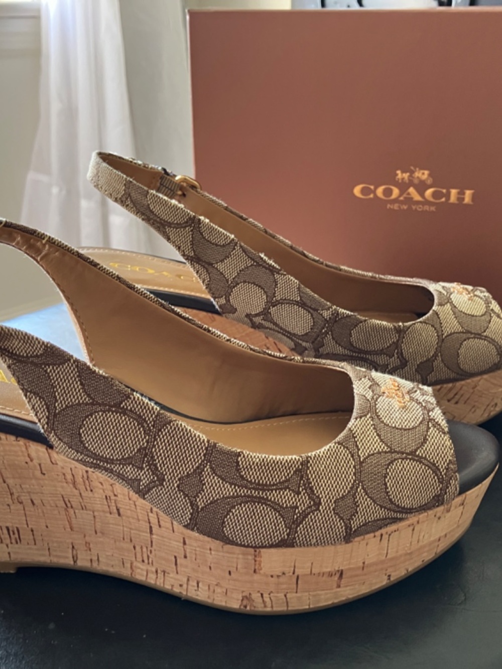 NEARLY NEW Coach Logo Cork Peep Toe Wedge - Picture 2 of 14